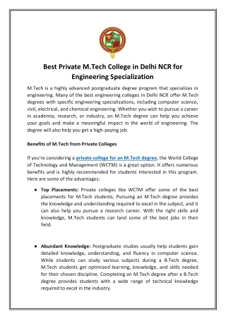 Best Private M.Tech College in Delhi NCR for Engineering Specialization