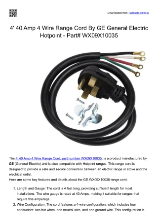 4' 40 Amp 4 Wire Range Cord By GE General Electric Hotpoint - Part# WX09X10035