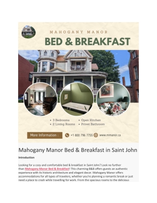 Mahogany Manor Bed & Breakfast in Saint John NB Canada