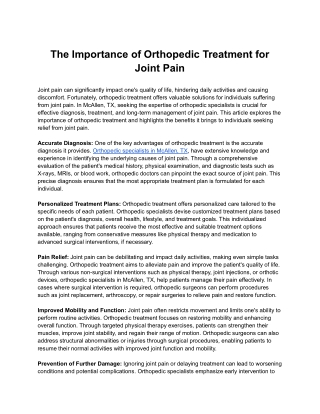 The Importance of Orthopedic Treatment for Joint Pain