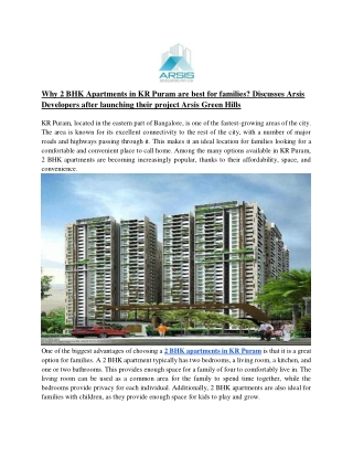 Why 2 BHK Apartments in KR Puram are best for families_ Discusses Arsis Developers after launching their project Arsis G