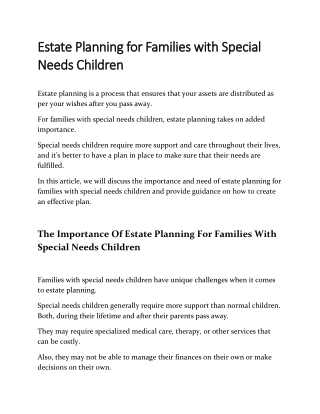 Estate Planning for Families with Special Needs Children