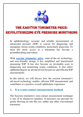The Easyton Tonometer Price: Revolutionizing Eye Pressure Monitoring