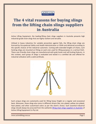 The 4 vital reasons for buying slings from the lifting chain slings suppliers in Australia