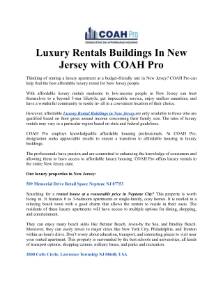 Luxury Rental Buildings in New Jersey with COAH Pro