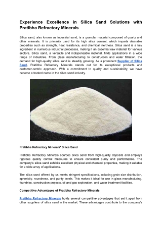 Experience Excellence in Silica Sand Solutions with Pratibha Refractory Minerals