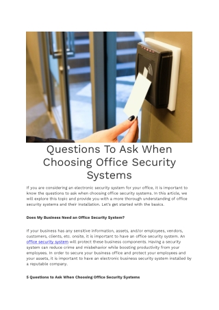 Questions To Ask When Choosing Office Security Systems