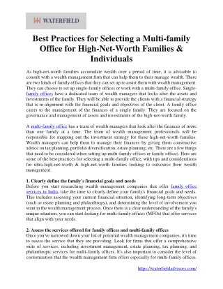 Best Practices for Selecting a Multi-family Office for High-Net-Worth Families & Individuals