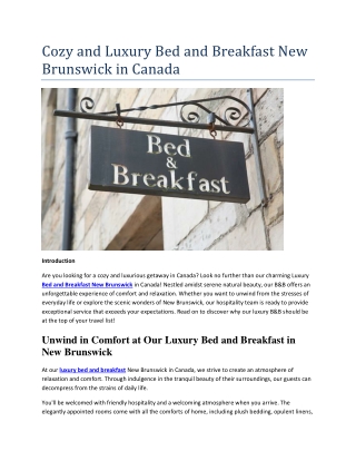 Cozy and Luxury Bed and Breakfast New Brunswick in Canada