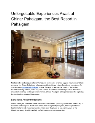 Unforgettable Experiences Await at Chinar Pahalgam, the Best Resort in Pahalgam