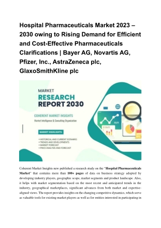 Hospital Pharmaceuticals Market Expected to Expand at a Steady 2023-2030