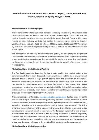 Medical Ventilator Market Research, Type, Product, Application and Growth