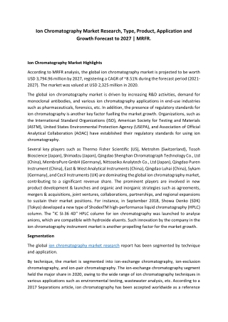 Ion Chromatography Market Research, Type, Product, Application and Growth