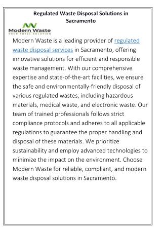 Regulated Waste Disposal Solutions in Sacramento