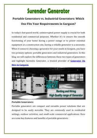 Portable Generators vs. Industrial Generators Which One Fits Your Requirements in Gurgaon