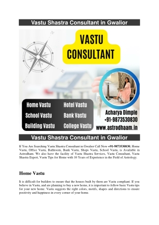 Vastu Shastra Consultant in Gwalior  91-9873530830