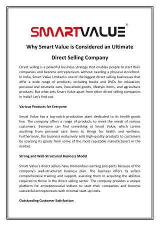 Why Smart Value is Considered an Ultimate Direct Selling Company