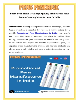 Boost Your Brand With High Quality Promotional Pens From A Leading Manufacturer In India