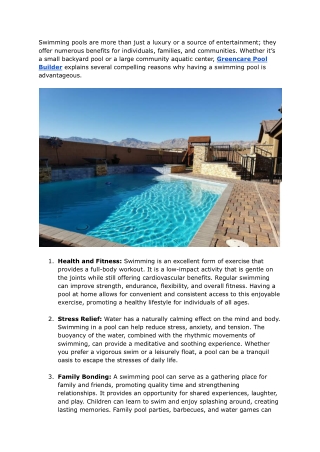 Greencare Pool Builder – Reasons to Have a Swimming Pool