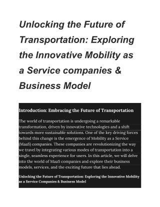 Unlocking the Future of Transportation Exploring the Innovative Mobility as a Service companies & Business Model