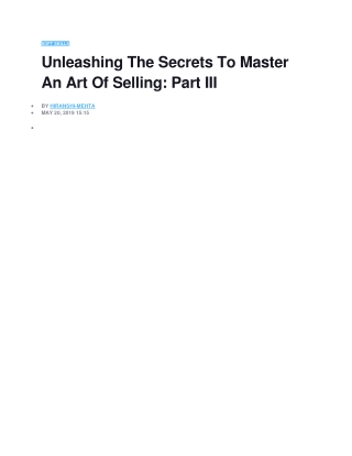 Unleashing The Secrets To Master An Art Of Selling  Part III
