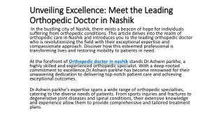 Unveiling Excellence: Meet the Leading Orthopedic Doctor in Nashik