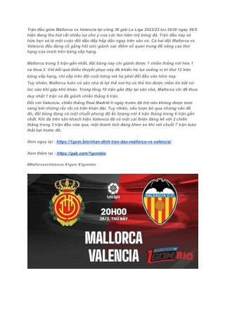 Mallorca vs Valencia - Cuộc chiến đầy căng thẳng lúc (0h30, 26/5) tại 1gombio.