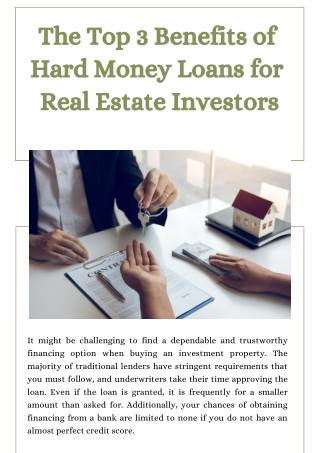 The Top 3 Benefits of Hard Money Loans for Real Estate Investors