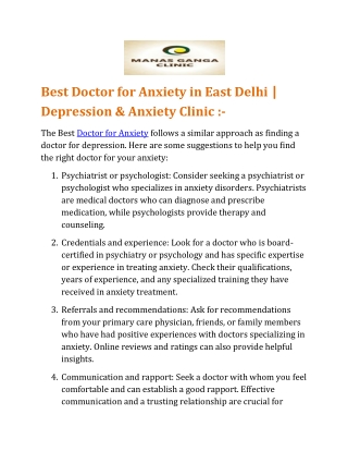 Best Doctor for Anxiety in East Delhi | Depression & Anxiety Clinic