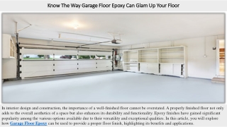 Know The Way Garage Floor Epoxy Can Glam Up Your Floor