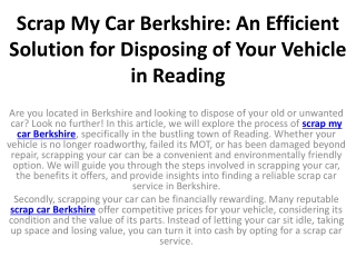 Scrap My Car Berkshire An Efficient Solution for Disposing of Your Vehicle in Reading