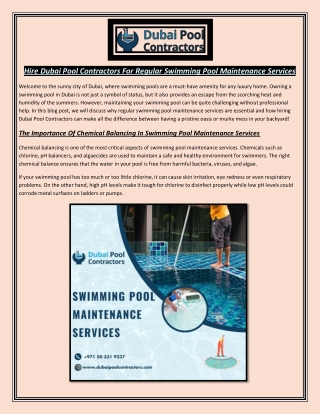 Hire Dubai Pool Contractors For Regular Swimming Pool Maintenance Services