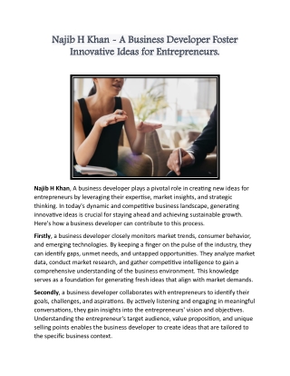 Najib H Khan - A Business Developer Foster Innovative Ideas for Entrepreneurs.