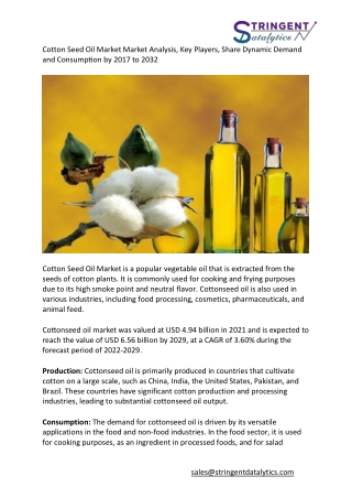 Cotton Seed Oil Market Analysis, Key Players, Share Dynamic Demand