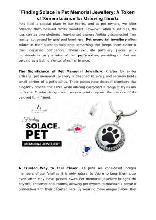 Finding Solace in Pet Memorial Jewellery: A Token of Remembrance for Grieving He