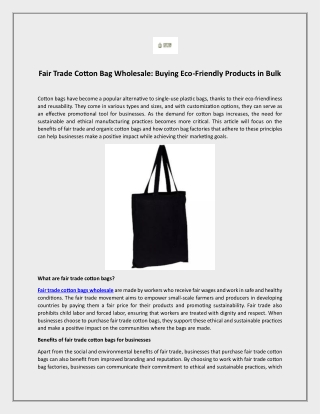 Fair Trade Cotton Bag Wholesale