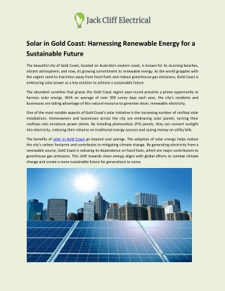 Unleashing the Power of Solar Energy in Gold Coast: A Sustainable Revolution