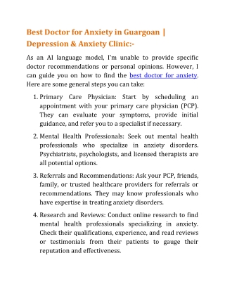 Best Doctor for Anxiety in Guargoan| Depression & Anxiety Clinic