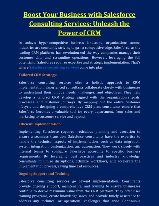 Boost Your Business with Salesforce Consulting Services- Unleash the Power of CRM