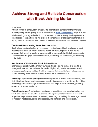 Achieve Strong and Reliable Construction with Block Joining Mortar