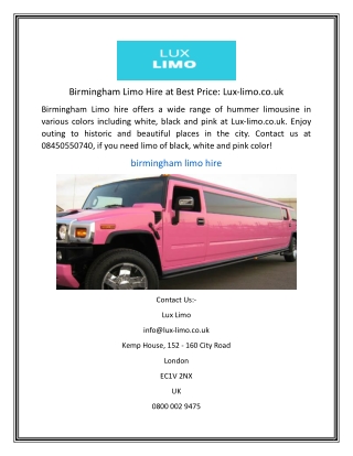 Birmingham Limo Hire at Best Price Lux-limo.co.uk