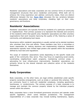 Ryan Weir - Key Differences Between Residents’ Associations and Body Corporates