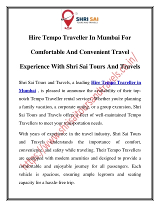 Shri Sai Tours And Travels: The Best Choice for Hiring Tempo Traveller in Mumbai