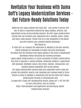Revitalize Your Business with Suma Soft's Legacy Modernization Services - Get Future-Ready Solutions Today