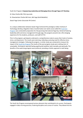 Youth Zen Program Empowering Leadership and Managing Stress through Yoga at IIT-Bombay