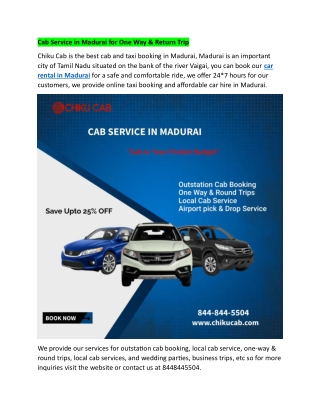 Cab Service in Madurai for One Way