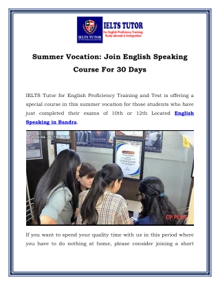 Summer Vocation Join English Speaking Course For 30 Days