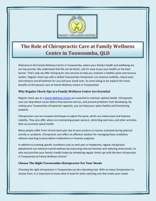The Role of Chiropractic Care at Family Wellness Centre in Toowoomba, QLD