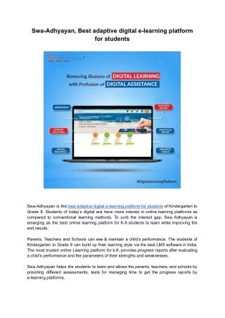 Swa-Adhyayan, Best adaptive digital e-learning platform for students