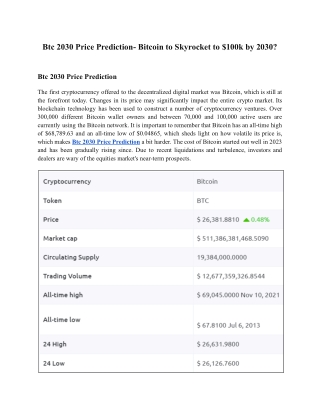 Btc 2030 Price Prediction- Bitcoin to Skyrocket to $100k by 2030